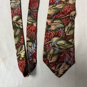 Gail MacKenzie Hand Marbled Silk Necktie Burgundy Green Gold Leaf Nature Scroll